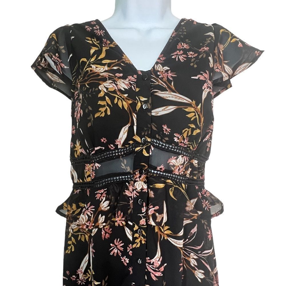 Japna Black Floral Midi Boho Cottagecore Flutter Sleeve Romantic Flowy Dress S - Picture 4 of 11